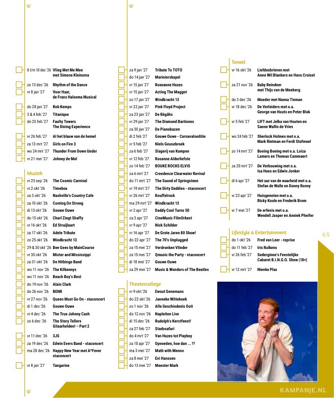 Ron van Noord — Grafisch ontwerp, DTP, Visuele campagnes, Visual design, Content + campagnes — Theater De Kampanje — Theatergids 2026–2027 — Beeld: Magazinepagina 65 — Project: Een energieke theatergids en straatcampagne voor seizoen 2026–2027, met meerdere opvallende…