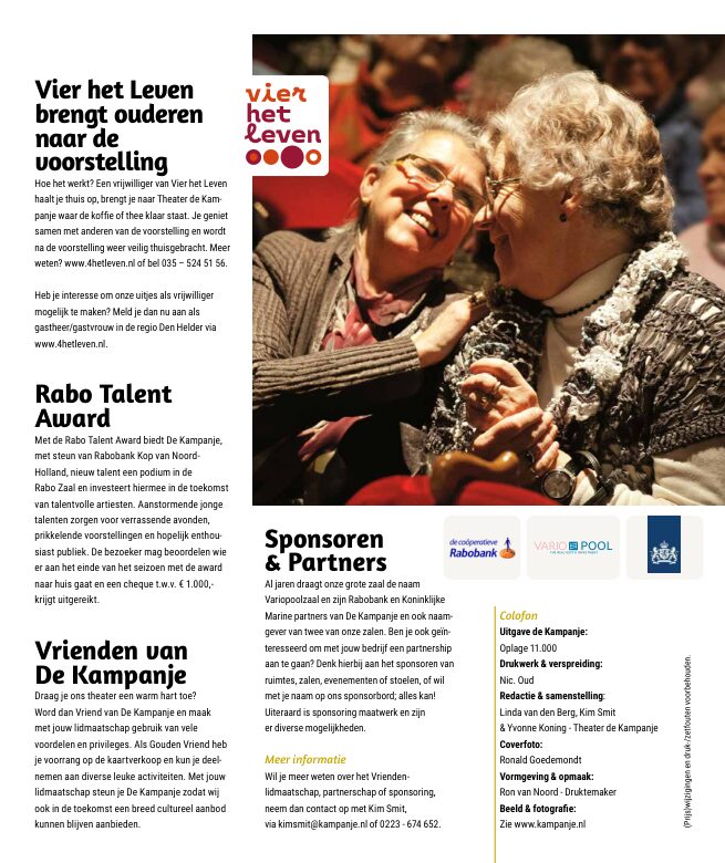 Ron van Noord — Grafisch ontwerp, DTP, Visuele campagnes, Visual design, Content + campagnes — Theater De Kampanje — Theatergids 2026–2027 — Beeld: Magazinepagina 66 — Project: Een energieke theatergids en straatcampagne voor seizoen 2026–2027, met meerdere opvallende…