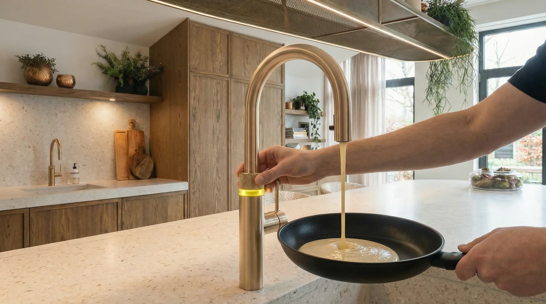 Ron van Noord — Beeld- en videogeneratie, AI + prototyping — PannenQoeker — 1-aprilgrap voor Boudewijn Hosmus — Beeld: Pannenkoekenbeslag direct uit de PannenQoeker — Project: Een 1-aprilcampagne rond een kraan voor pannenkoekenbeslag, goed voor meer dan één miljoen views en…