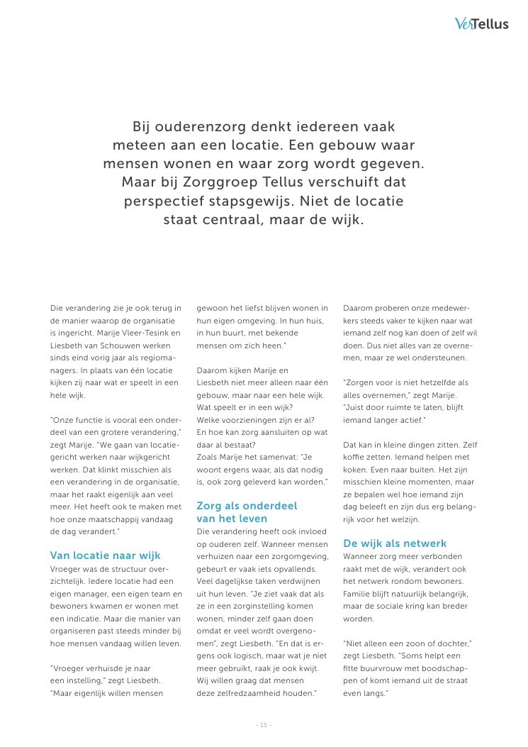 Ron van Noord — Grafisch ontwerp, DTP, Visual design — VerTellus — magazine van Zorggroep Tellus — Beeld: Magazinepagina 15 — Project: Een volledige herontwikkeling van de visuele stijl van VerTellus, vanaf editie 31 doorvertaald naar iedere…