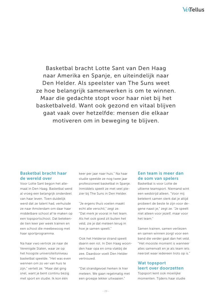 Ron van Noord — Grafisch ontwerp, DTP, Visual design — VerTellus — magazine van Zorggroep Tellus — Beeld: Fotografische sportspread over samenwerken in een team — Project: Een volledige herontwikkeling van de visuele stijl van VerTellus, vanaf editie 31 doorvertaald naar iedere…
