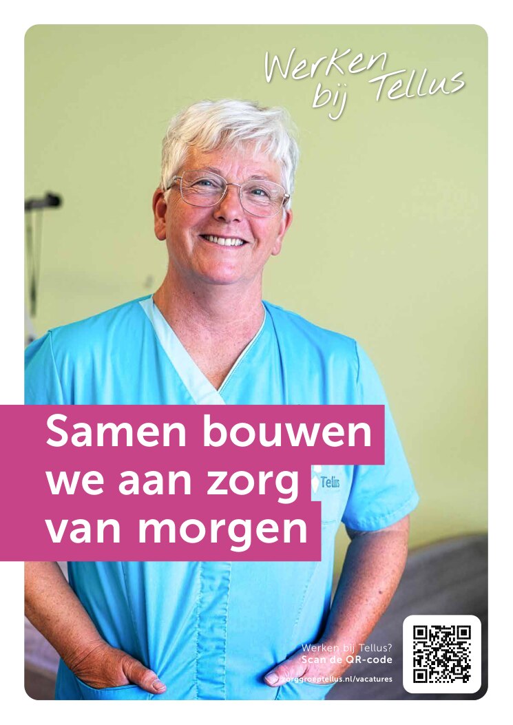 Ron van Noord — Grafisch ontwerp, DTP, Visual design — VerTellus — magazine van Zorggroep Tellus — Beeld: Afsluitende werken-bij-Tellus-pagina — Project: Een volledige herontwikkeling van de visuele stijl van VerTellus, vanaf editie 31 doorvertaald naar iedere…